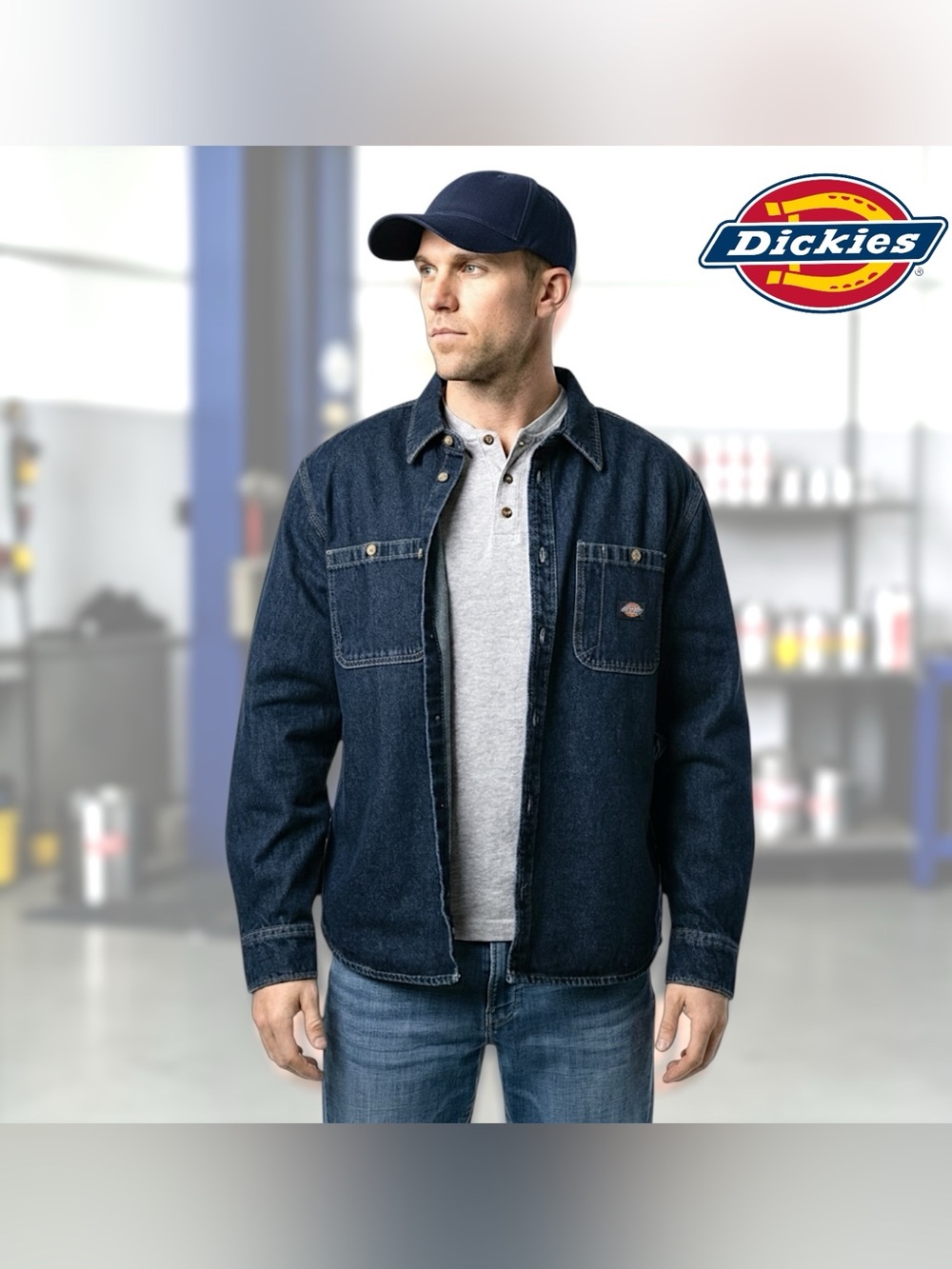 Dickies Men’s Dark Blue Denim Mechanic Utility Long Sleeve Shirt Sz L